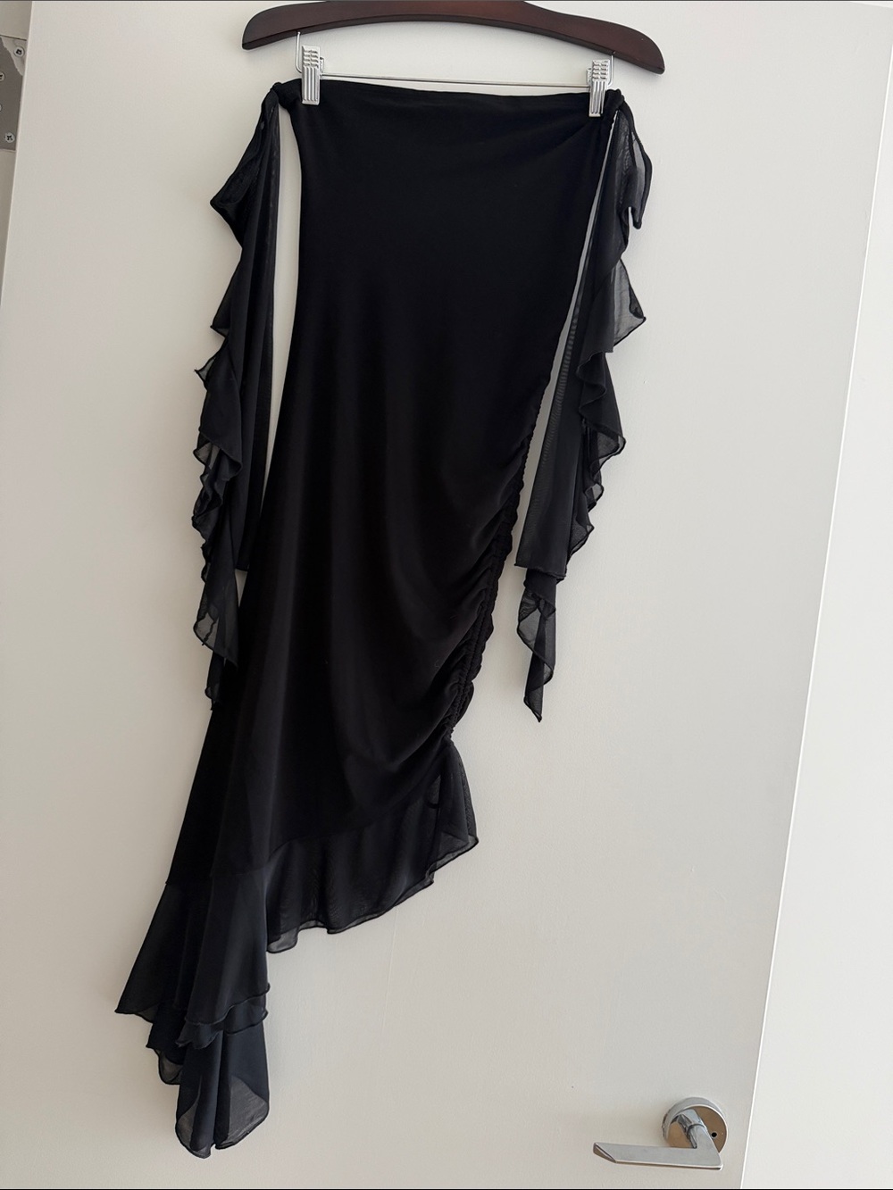 Strapless Black Ruffle Asymmetrical Woman's Dress with Mesh Arms